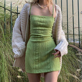 Women Fashion Elegant Streetwear Strap Mini Dress Summer New Solid Green Knit Stretch Slim Office Lady Dresses