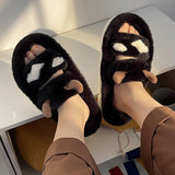 woloong New Design Women Winter House Furry Slippers Couple Fluffy Fur Home Slides Flat Indoor Floor Shoes Ladies Cute Flip Flops