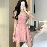 goosudu Y2K Pink Romantic Floral Spaghetti Slip Dress Women  Summer Slim Elastic High Waist Party Club Mini Dresses