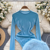 goosudu Autumn Long Sleeves Bodysuits  Women O Neck Open Crotch Velvet Slim Playsuits+Plush Sexy Mini Skirt Suits