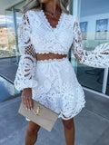 Flower Embrioderied White Lace Lantern Sleeve Skirt Set Casual Summer Party Dress Suit Vintage Crop Top Mini Skirt Set