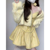 goosudu Sweet Yellow New Two Piece Set Women Short Solid Coat + Sexy Strap Dress Female Korean Style Cute Party Mini Dress Suits 2024