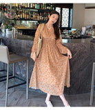 goosudu  Summer New Fashion French Women Dresses Vintage Floral Chiffon Dress Female High Waist Simple V-neck Long Sleeve Dress