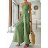 Waist Folds Backless Double Strap Casual Wide Leg Jumpsuit Long Pants Green  New Female Loose  Jumpsuit