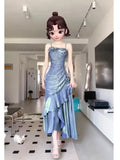 Blue Flower Evening Dress New French Fairy Sweet Slim Mermaid Strap Summer Birthday Party Spaghetti Strap Dresses