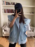 New Sleeveless Waistcoat Pockets Streetwear Oversized Spring Autumn Women's Denim Jeans Jackets Tops