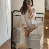 Sleepwear for Women New Cute Silk Cotton Light Luxury Ostrich Wool Pajamas Two-Piece Set Solid Color Home Suit