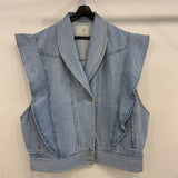 New Sleeveless Waistcoat Pockets Streetwear Oversized Spring Autumn Women's Denim Jeans Jackets Tops