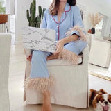 Sleepwear for Women New Cute Silk Cotton Light Luxury Ostrich Wool Pajamas Two-Piece Set Solid Color Home Suit