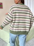 Plus Size Floral Pattern Knitted Cardigan, Casual Button Front Long Sleeve Cardigan, Women's Plus Size Clothing