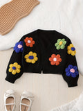 Girls' Fashion Knit Cardigan Sweater - Soft, Cozy, and Stylish with 3D Colorful Floral Appliques, Long Sleeves, and Classic Open Front - Perfect for Casual Daily Wear, School, or Outdoor Activities