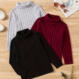 3-Piece Set Girls' Cozy Rib-Knit Long Sleeve Turtle Neck Pullovers - Soft, Versatile, and Casual for Fall & Winter - Solid Colored, Ribbed Cuffs, and Hem for a Comfortable Fit