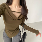 goosudu Drue Solid Color String U-Neck Long Sleeve Slim Top