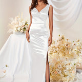 Long Sleeveless Solid V Neck Bodycon Dress - Elegant Split Satin Party Dress for Women - All Seasons, Micro Elasticity, No Belt, No Printing