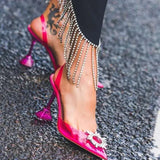 Summer New Pointed Rhinestone Odd Heel Stiletto Ladies Sun Decoration Wild Fairy PVC Transparent Crystal Shoes Kq8
