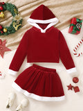 2-Piece Velvet Set, Solid Red Hooded Long Sleeve Top & Elastic Waist Skirt, Girls Christmas Party Outfit