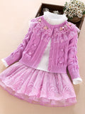 3pcs Knitwear Set For Girls, Lace Collar Knit Cardigan + Mock Neck Pullover + Mesh Skirt, 100% Cotton Comfy Spring/ Fall Clothes