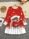 Girls' Festive Christmas Cat Print Long Sleeve Dress - Stretchy Knit Fabric, Machine Washable, Casual Round Neck - Perfect for All Seasons