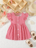 Girls Charming Gingham Ruffle Sleeve Dress Shirt - Fashionable Square Neck, Lettuce Trim, Non-Stretch Woven Fabric, Machine Washable, Perfect for Summer Picnic Outfits and Casual Occasions