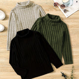 3-Piece Set Girls' Cozy Rib-Knit Long Sleeve Turtle Neck Pullovers - Soft, Versatile, and Casual for Fall & Winter - Solid Colored, Ribbed Cuffs, and Hem for a Comfortable Fit