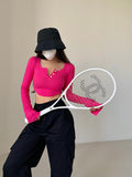 goosudu Olivia Solid Color Button Up Long Sleeve Ribbed Slim Cropped Top