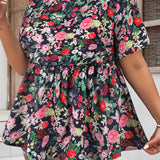 Plus Size Womens Floral Print Tunic Blouse - Soft Slight Stretch Polyester Fabric, Crew Neck, Ruched Short Sleeve, Geometric Pattern, Random Printing, Perfect for Vacation and Summer - Easy to Wear and Care