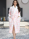 Cozy Star & Moon Print Women's Bathrobe with Belt - Plush Long Sleeve, V-Neck Lounge Robe with Pockets, Machine Washable