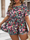 Plus Size Womens Floral Print Tunic Blouse - Soft Slight Stretch Polyester Fabric, Crew Neck, Ruched Short Sleeve, Geometric Pattern, Random Printing, Perfect for Vacation and Summer - Easy to Wear and Care