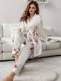 Luxurious Floral Print Satin Lounge Set for Women - Soft, Long Sleeve Robe with Belt, Comfortable Relaxed Fit Pants for Fall and Winter - Elegant, Cozy, and Warm Loungewear for Cold Weather