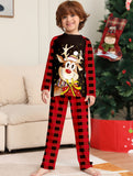 Youngsters' Cozy Christmas Pajama Set - Flame-Resistant, Cartoon Reindeer & Plaid Print, Long Sleeve Top and Pants for Boys & Girls