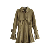 goosudu Chelly Solid Color Slim Long Sleeves Shirt Pleated Button Up Waist Short Mini Dress