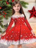 Girls' Festive Christmas Snowflake & Tree Long Sleeve Dress - Casual Fashion for Holiday Parties, Machine Washable