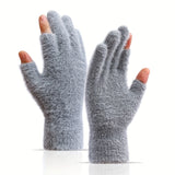 Open Fingers Plush Gloves Solid Color Plus Velvet Thickened Warm Gloves Convenient Touch Screen Gloves Women's Winter Coldproof Writing Gloves
