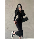 goosudu Sara Solid Color V-Neck Long Sleeve Front Split Button Up Long Dress