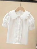 100% Cotton Girls Short Sleeve White Shirt with Lace Collar and Button Details - Dressy Blouse for Teenagers - Hand Wash Only, Perfect for Summer Weekend Casual Wear