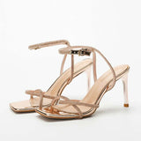 Ladies Heels Fairy Square Sier Rhinestones With Fine Ribbon One-Line High Heel Summer Sandals Kq8
