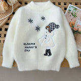 Girls Knit Sweater 'Girl & Snowflake' Pattern Embroidery Pullover Top Round Neck Knitwear For Fall Winter