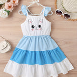 Adorable Cartoon Kitty Girls Summer Dress - Cute Ruffles, Contrast Stitching & Easy-Care Knit Fabric