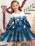 Kids' Festive Snowflake Print Long Sleeve Dress, Casual Christmas Applique Tunic, Polyester Knit Knee High with Slight Stretch, Holiday Party Knee-Length Dress for Ages 3-12