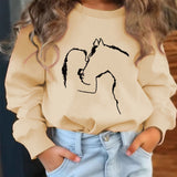 Vibrant Girl Kissing Horse Silhouette Print Crew Neck Long Sleeve Sweatshirt - Soft, Trendy, Casual, Comfortable, Versatile Top for Autumn & Winter - Unique Gift Idea for Horse Lovers, Teens, and Girls