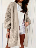 Cozy Plus Size Knit Cardigan - Comfy Cable Pattern with Pockets, Long Sleeve, Open Front - Ideal for Everyday Wear