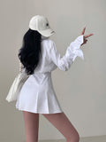 goosudu Chelly Solid Color Slim Long Sleeves Shirt Pleated Button Up Waist Short Mini Dress