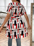 Plus Size Elegant Crew Neck Asymmetrical Hem Blouse - Short Sleeve, Non-Stretch Polyester, All Over Plaid Print, Pullover, Woven, Random Printing, Casual Chic for All Seasons - Womens Plus Size Clothing