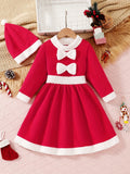 Cute Girls Holiday Style Santa Dress + Plush Christmas Hat, Suitable For Fall/ Winter Daily & Outdoor Wear, Christmas Party Outfit, Perfect Gift