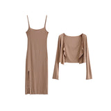 goosudu Valerie Solid Color Sleeveless Side Split Square Neck Short Dress Long Sleeve Cardigan Set