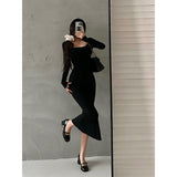 goosudu Ella Solid Color U-Neck Long Sleeve Slim Long Dress