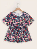 Plus Size Womens Floral Print Tunic Blouse - Soft Slight Stretch Polyester Fabric, Crew Neck, Ruched Short Sleeve, Geometric Pattern, Random Printing, Perfect for Vacation and Summer - Easy to Wear and Care