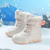 Girls' Trendy Solid Color Warm Snow Boots with Hook-and-loop Fastener Closure - Casual/Cute Style, Camouflage/Geometric/Plaid Patterns, Suitable for Autumn & Winter Outdoor Activities, Hiking & Daily Wear, Round Toe, Fabric Upper & Lining, TPR Sole