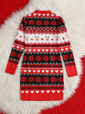 Girls Christmas Style Reindeer & Snowflake Stripe Pattern Mock Neck Long Sleeve Dress, Suitable For Christmas And New Year Outdoor Wear