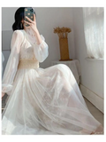 Women Mesh Lace Crochet Dresses V-neck Elegant Prom Puff Sleeves Dress Women Summer Dot Prom Party Sexy Slim Swing Long Dress